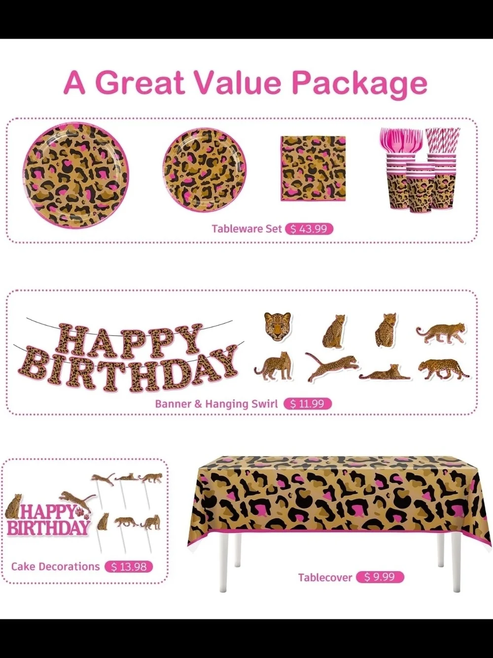 Wild Leopard Print Pink & Gold Birthday Party Kit For 50 Guest
